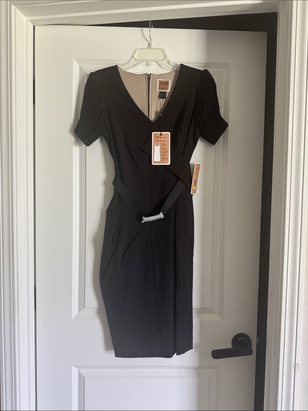 Nue by Shani Black V-Neck Midi Sheath Dress with Belt
